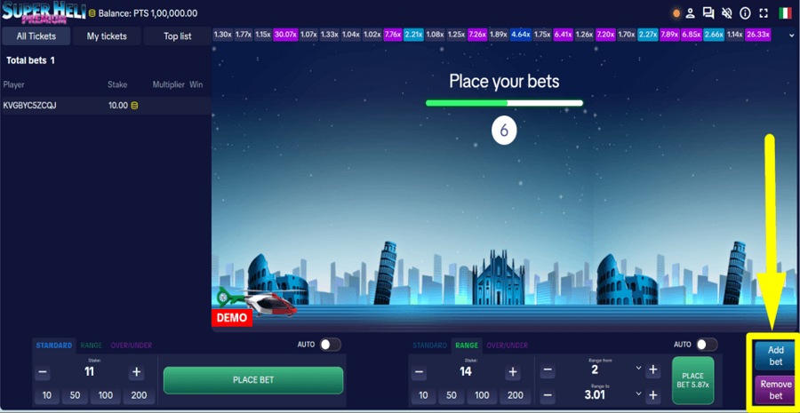 Super Heli Premium Bet Controls