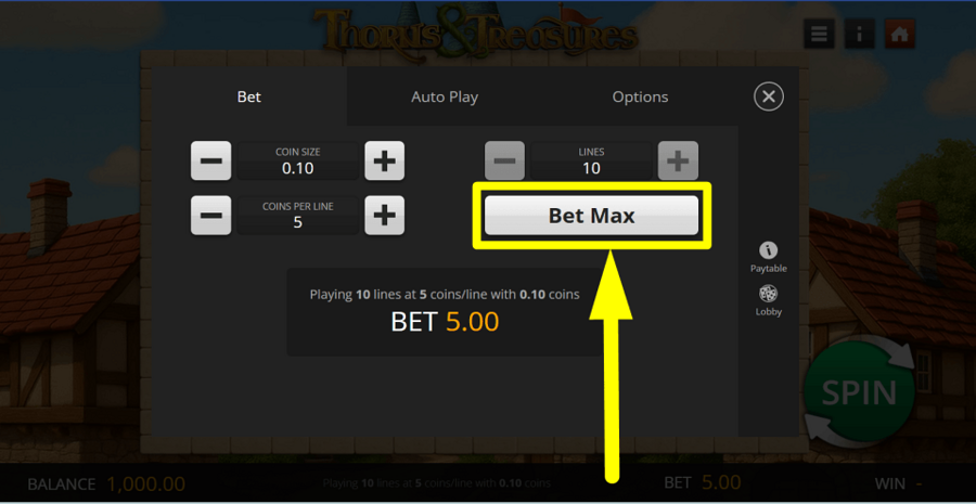 Thorns And Treasures Bet Max Button