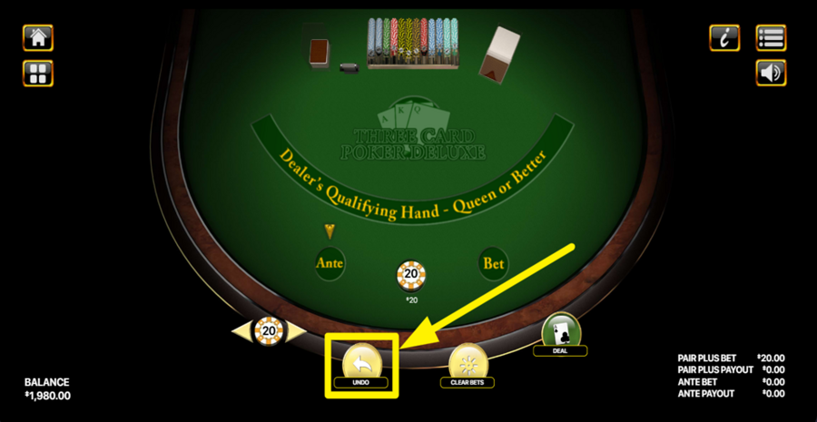 Three Card Poker Dual Undo Bet