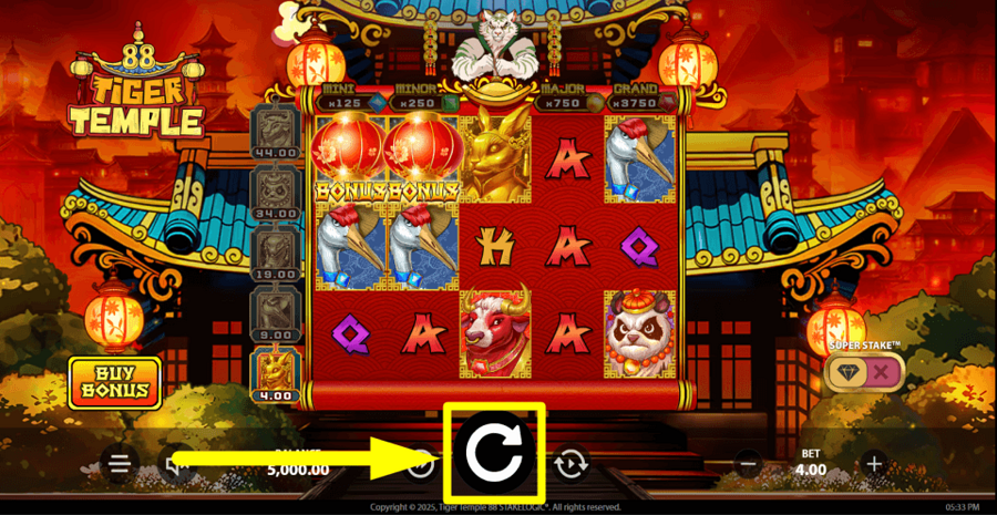 Tiger Temple 88 Spin Button