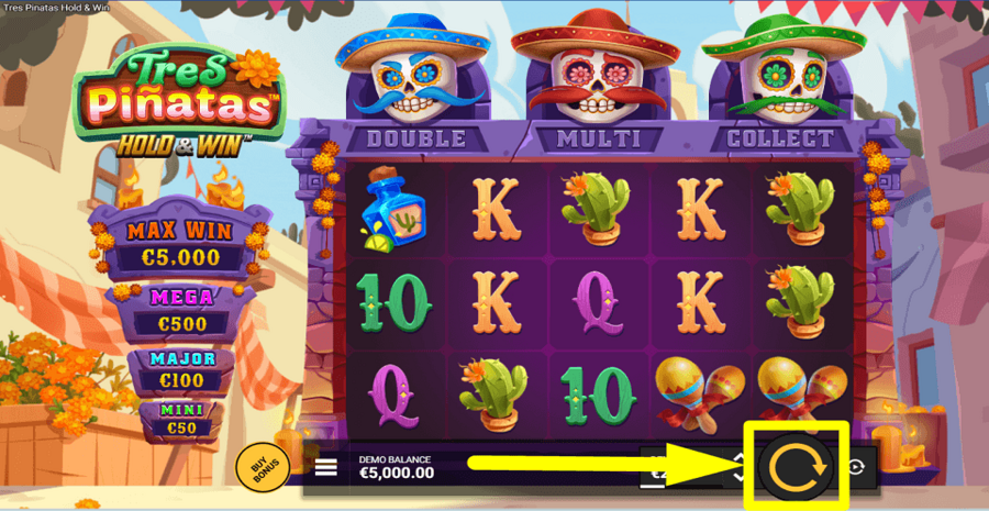 Tres Pinatas Hold And Win Spin Button