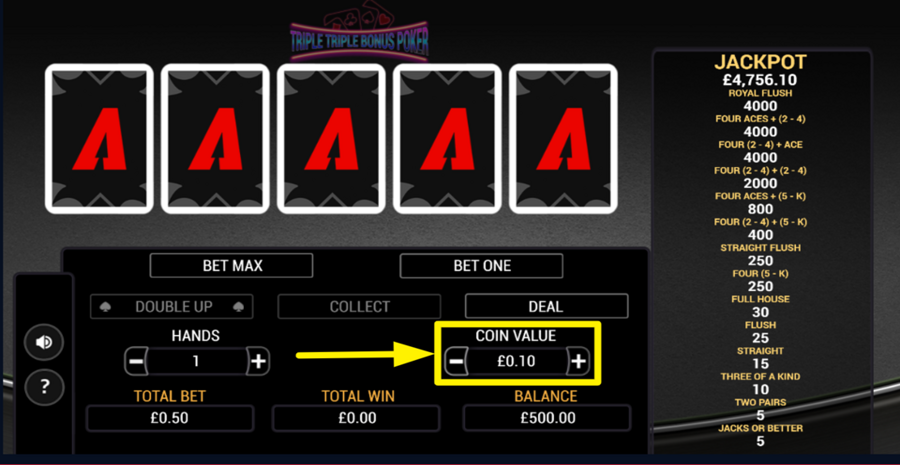 Triple Triple Bonus Poker Adjust Coin Value