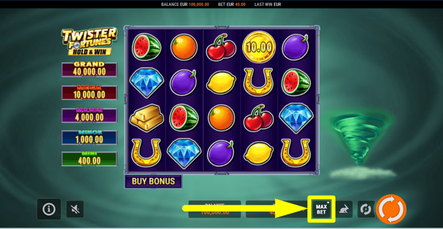 Twister Fortunes Hold And Win Max Bet Button