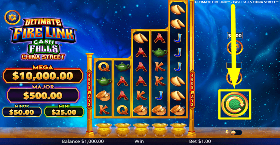 Ultimate Fire Link Cash Falls China Street Spin Button