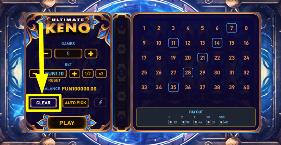 Ultimate Keno Clear Button
