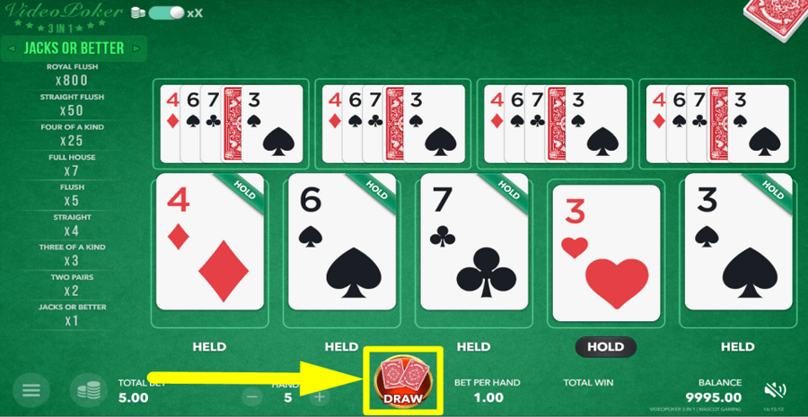 Video Poker 3 In 1 Draw Button