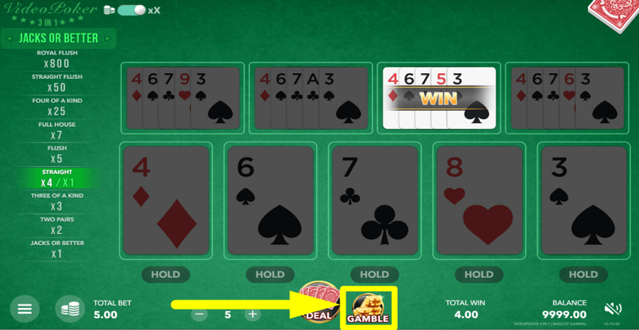 Video Poker 3 In 1 Gamble Feature