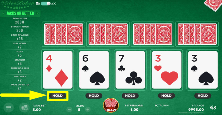 Video Poker 3 In 1 Hold Button