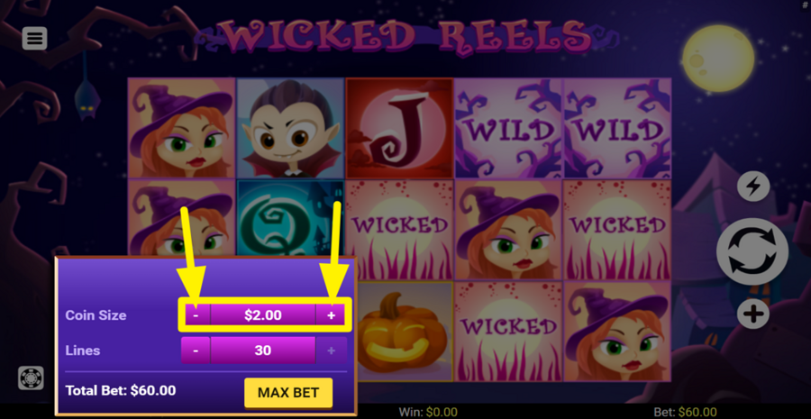 Wicked Reels Adjust Coin Size