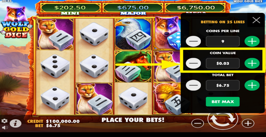 Wolf Gold Dice Adjust Coin Value