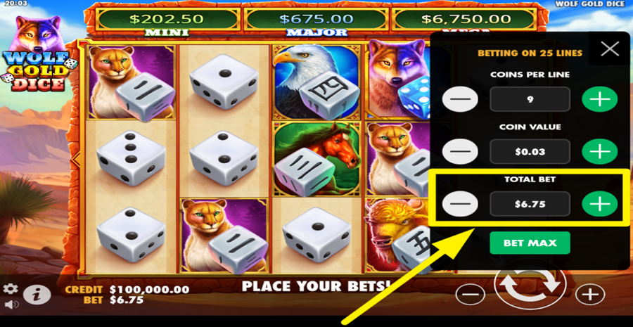 Wolf Gold Dice Adjust Total Bet