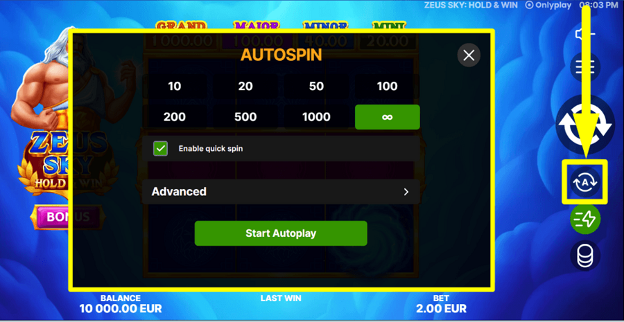 Zeus Sky Hold And Win Autoplay Feature