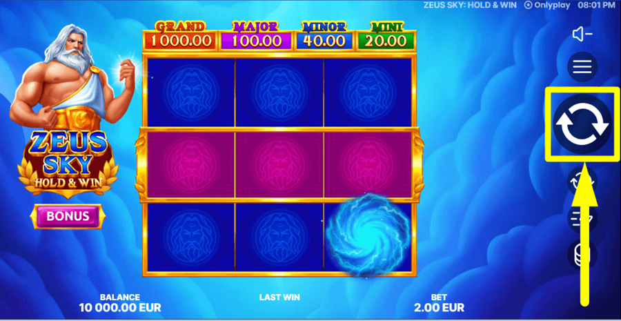 Zeus Sky Hold And Win Spin Button