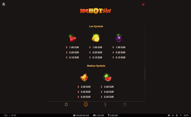 100 hot slot paytable 1