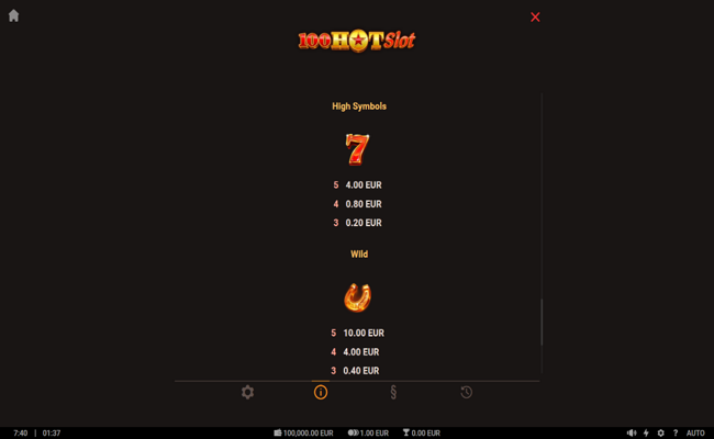 100 hot slot paytable 2
