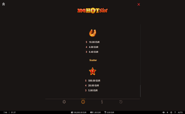 100 hot slot paytable 3