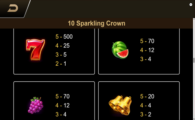 10 sparkling crown paytable 1