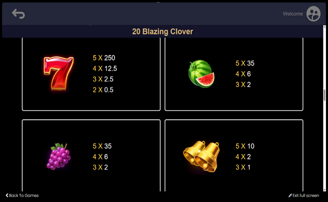 20 blazing clover paytable 1