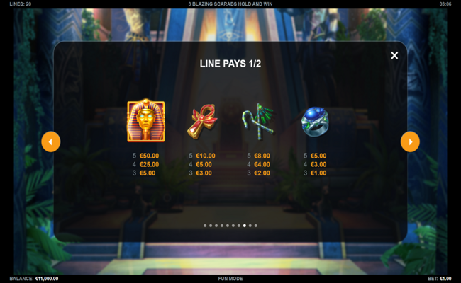 3 blazing scarabs hold and win paytable 1