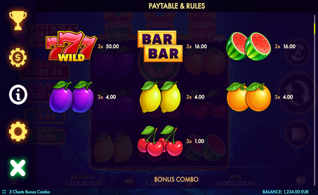 3 chests bonus combo paytable