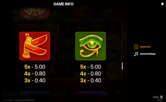 3 luxor pots hold and win paytbale 2