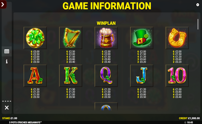 3 pots o riches megaways paytable 1