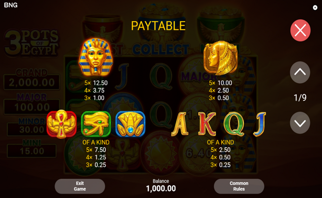 3 pots of egypt paytable