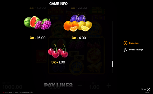 3 royal coins hold and win paytable 2