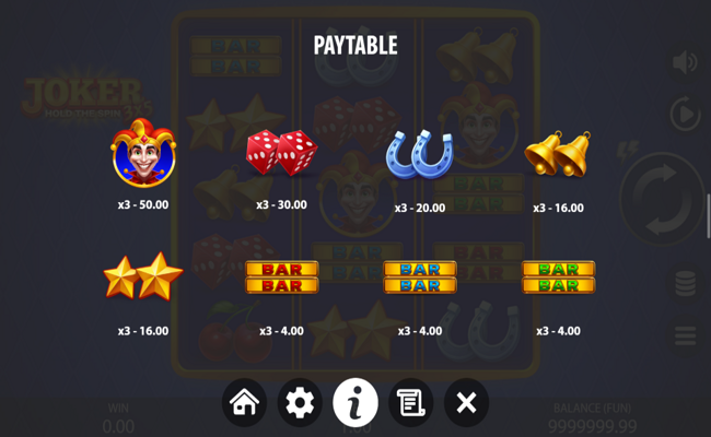3x5 joker hold the spin paytable 1
