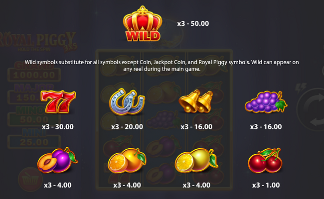 3x5 royal piggy hold the spin paytable