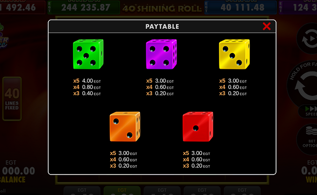 40 shining roll paytable 2