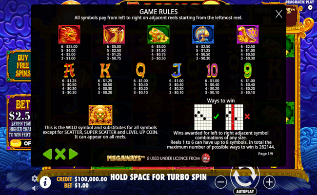 5 lions megaways 2 paytable