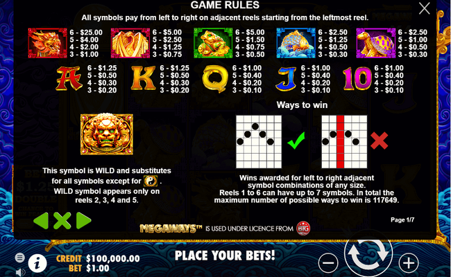 5 lions megaways paytable