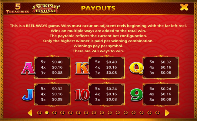 5 treasures jackpot festival paytable 2