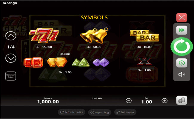 777 gems respin paytable