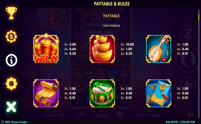 888 bonus combo paytable 1