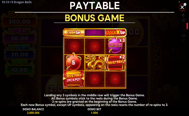 9 dragon balls cash up paytable 2