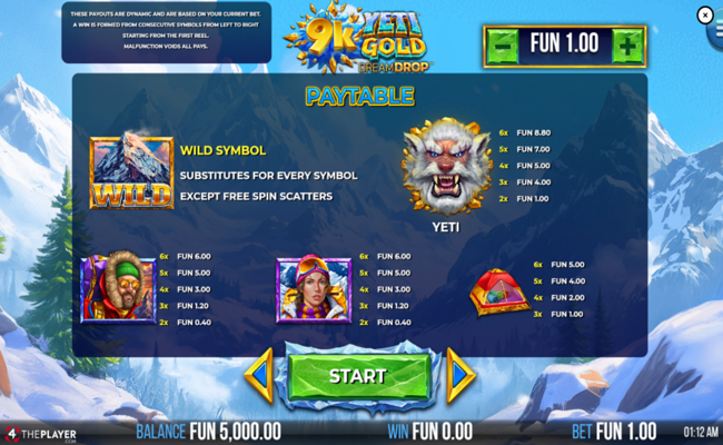 9k yeti gold dream drop paytable 2