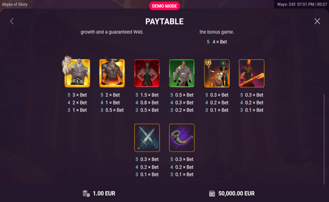 abyss of glory paytable 1