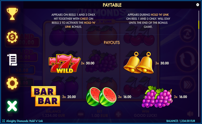 almighty diamonds hold n link paytable 1