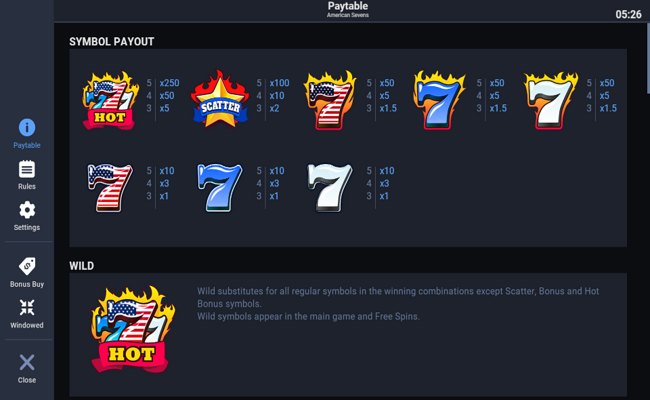 american sevens paytable
