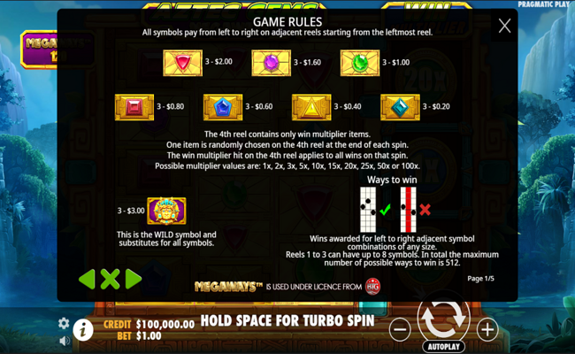 aztec gems megaways paytable