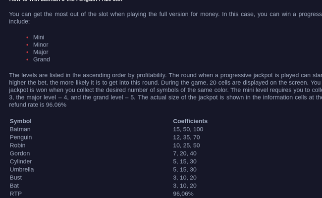 batman and the penguin prize paytable