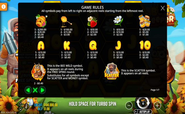 bee keeper paytable