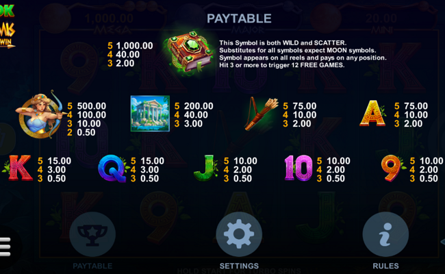 book of artemis paytable 1