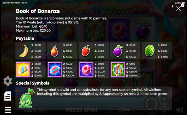 book of bonanza paytable 1