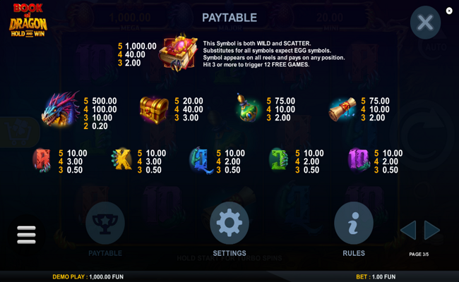 book of dragon hold and win paytable 1