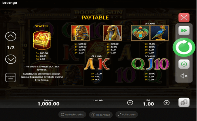 book of sun multichance paytable