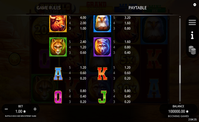 buffalo hold and win extreme 10000 paytable