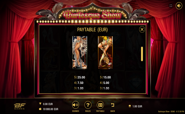 burlesque show dancer paytable 1